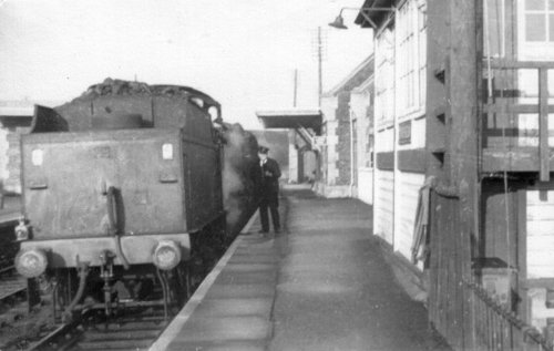 c1965: the thrice-weekly 'pick-up' goods train shunting in the station, with Pat Pagett of Kingswood (station porter) and George Timbrell of North Nibley (signalman) :  : 