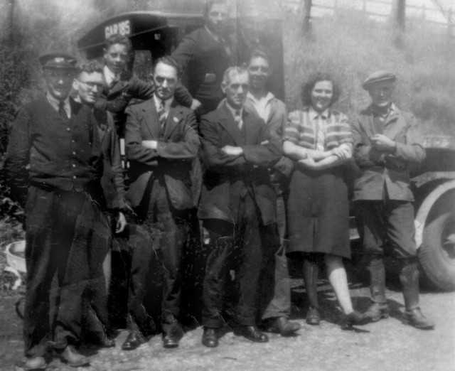 Charfield Station Goods Staff - photo dated 1941. Is that an old steam lorry in the shot? Any clues as to names of the people in the photo would be welcome. Photo was taken on the embankment between Station Approach (now Fews' land) and the main road going up to the railway bridge. :  : 